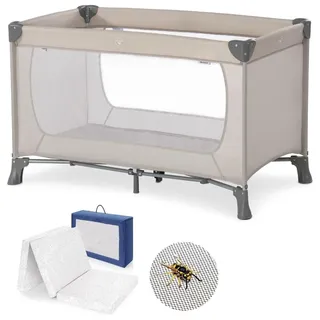 hauck Baby Reisebett Set Dream N Play mit extra Alvi Komfort Matratze und Moskitonetz - faltbares Kinder Babyreisebett mit Tasche - Beige
