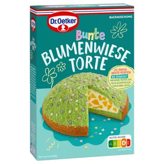 Dr. Oetker Bunte Blumenwiese-Torte: Backmischung für einen frühlingshaften Maulwurfkuchen mit Pfirsichen und Zucker-Dekor-Blumen, 337g