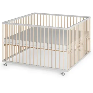 Sämann Laufgitter, mit Matratze, Lattenrost – Schlupfsprossen weiß/natur Premium | Gr.: 120x120 cm,