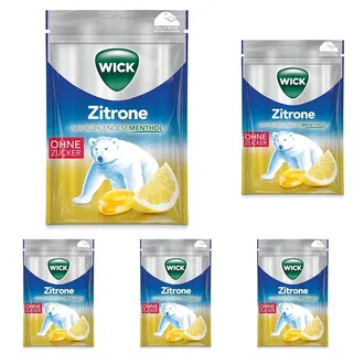 WICK Hustenbonbons Zitrone und natürliches Menthol ohne Zucker – Wohltuendes Hustenbonbon mit Zitronensaft und Menthol für ein tiefes Atemerlebnis – 5er Pack (1 x 72 g)