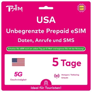 USA eSIM 5 Days. T-Mobile Network with Unlimited High Speed Data, Local Calls and Texts in USA (Hawaii Included). Get eSIM Same Day via Email and Start Using! No Need to Wait for Package!