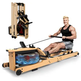Rudergerät für Zuhause, Aeriflo W100 Rudergerät Wasser aus Bambus, rudergeräte klappbar mit Bluetooth Display & APP, leise & platzsparend, Premium Heimtrainer für Ganzkörpertraining