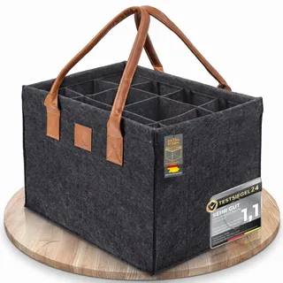 GOLDFALKE Flaschenträger für 12 Flaschen EXTRA STABIL aus Filz – Flaschenkorb, Flaschentasche, Getränkekorb für Bier, Wein & Pfandflaschen – Flaschenaufbewahrung (12 Fächer braunes Leder)