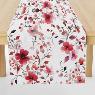 Rot Blumen Rebe Pflanzen Tischläufer Einschulung Deko, Aquarell Pastoral Floral Tischläufer Waschbar für Sommerdeko Couchtisch Küche Esstisch deko Dekoration für Zuhause 40 x 140 cm