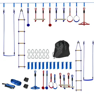 AIYAPLAY Ninja Warrior Hindernisparcours für Kinder 10 m Ninja Slackline Kit mit Kletterleiter Zubehör, Turnringe, Hängetablett, Schaukel, Kletterstangen, Trainingsausrüstungsset für Kinder   Aosom