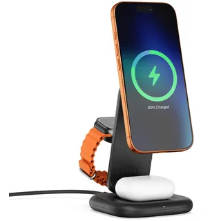 SATECHI 3-in-1 Qi2 Kabellose Induktive Ladestation – 25W Magnet-Schnellladegerät, Faltbare Ladestation für iPhone 17, Apple Watch Series 11 & AirPods – inkl. 45W USB-C Ladeadapter – Space Schwarz