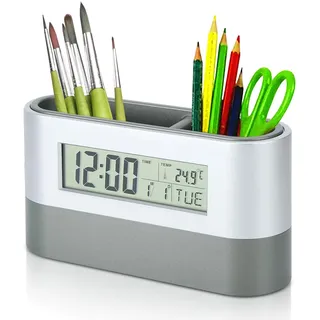 HERCHR Stiftehalter Schreibtisch, Digital Lcd Schreibtisch Stifthalter, Ordentlich Stifteaufbewahrung Organizer Werkzeug Mit LED Timer Kalender Thermometer Stifteköcher Anzug Für Bürobedarf