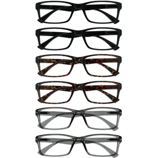 OPULIZE PEP Lesebrille für Damen und Herren - 6er Pack- Große Rechteckige Brille - Komfortable Federscharniere - Kratzfest - Schwarz Braun Grau +3.00