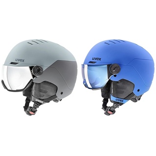 uvex wanted visor - Skihelm für Damen und Herren - mit Visier - individuelle Größenanpassung - Glacier - rhino matt - 54-58 cm & rocket jr visor - Skihelm für Kinder - mit Visier blue matt - 54-58 cm
