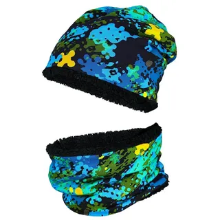 TupTam Mütze & Schal Jungen Kinder Beanie Mütze mit Loop 2er Set Basic Herbst Winter blau|grün 50