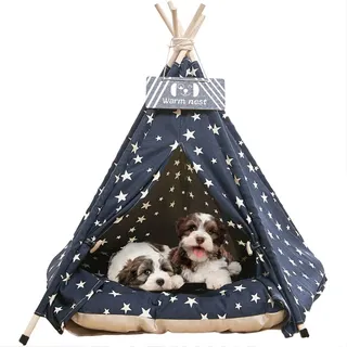Pet Tipi Zelte, 61 cm, tragbares Indoor-Hunde-Tipi Bett mit dickem Kissen, waschbar, marineblaues Sternenmuster, Tipi-Zelt Haus für Welpen & Katze