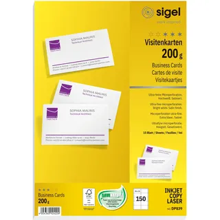 SIGEL Visitenkarten beidseitig bedruckbar hochweiß 150 Stk | DP839, 85x55 mm, satiniert, 200 g Papier, 15 Blatt aus nachhaltiger Papierqualität