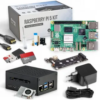 Raspberry Pi 5 8GB PCIe M.2 NVMe - Set | Metallgehäuse | Active Cooler | M.2 NVMe SSD PCIe Board | Offizielles USB-C 27W Netzteil | 64GB Edition | 4K - Schwarz