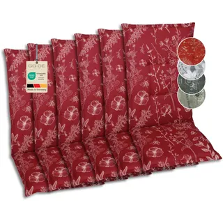 GO-DE Textil Bequeme und attraktive Polsterauflagen für Hochlehner-Gartenstühle (6er-Set, Blumen und Stengel rot, Hochlehner)