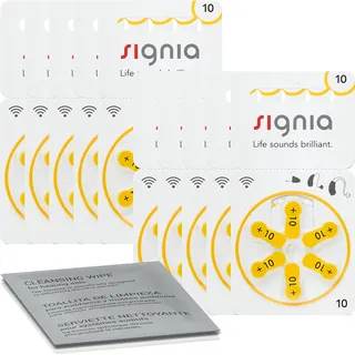 60x Signia Hörgerätebatterien PR70 10 Gelb (10x 6er Blister) + Reinigungstuch