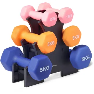 Amazon Basics Hantel-Set mit Neoprenbeschichtung, mit Hantelständer, 3 Stück (1.5 kg, 3 kg, 5 kg), Mehrfarbig