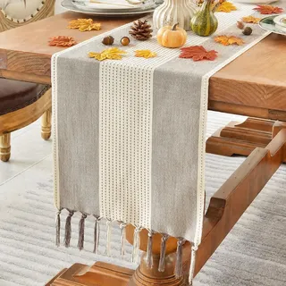 Wracra Tischläufer Kaffee Baumwolle Leinen, Tischläufer Modern Outdoor | 32 × 150 cm, Tischläufer Herbst Boho, Abwaschbar, Bestickt, Hitzebeständig, Dick und Robust, Esszimmer, Wohnkultur