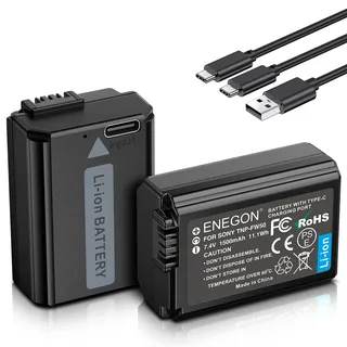 ENEGON NP-FW50 Direktlade-Ersatzbatterien 1500mAh (2er-Pack) mit 2-in-1-USB-C-Ladekabel für Sony ZV-E10,NEX 3/5/7&SLT-A Serie,Sony A7,A7SII,A7R,A7RII,A3000,A6000,A6500,A6300,A6400 A55,A5100,RX10II