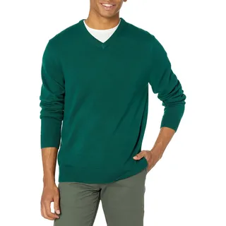 Amazon Essentials Herren V-Ausschnitt Pullover aus Baumwolle, Normale Passform, Dark Green, L
