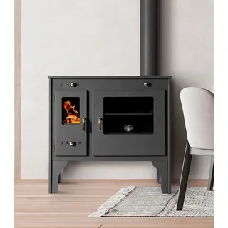 EEK A+ Kaminofen mit Backfach und Herdplatte Eco Retro Holzofen 7 kW Kamin Ofen Dauerbrandofen Werkstattofen Schwedenofen Hüttenofen Heizofen - Schwarz