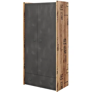 MEBLINI Kleiderschrank 2 Türig mit Schublade, Einlegeböden und Kleiderstange für Kinderzimmer - Drehtürenschrank - Schrank mit Einlegeböden - Kleiderschrank Industrial Style - Fargo FG-02