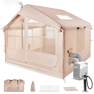 Aufblasbares Campingzelt mit Pumpe, 420D Oxford Glamping Aufblasbares Zelt für Camping, Wasserdicht bis 3000MM, 4 Saison Anti-UV Kabinenzelt mit Mesh Fenster & Türen für 4-6 Person, 300x250x220cm