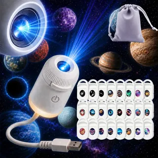 24 in 1 USB Sternenhimmel Projektor Lampe, 360° HD Smart Dynamic 5d Holographic Night Light Projector, Für Eine Traumhafte Atmosphäre in Schlafzimmer, Wohnzimmer Und Auto, Mit 24 Folien