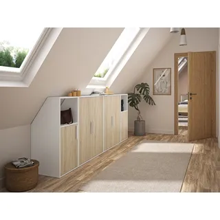 Schrank unter Dachschräge mit 6 Türen & 2 Ablagen - Weiß & Holzfarben - ADEZIO