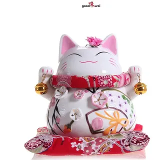 Goodwei Dekofigur Winkekatze Maneki-Neko Spardose aus Porzellan - Glückskatze (15 cm) (1 St), Traditioneller japanischer Glücks-Talisman weiß
