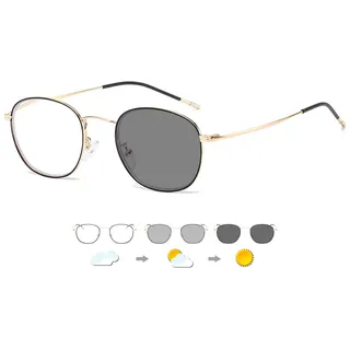 Lanomi Selbsttönende Rund Gleitsichtbrille Damen Herren Photochromic Progressive Multifokus Lesebrille Blaulichtfilter Metallrahmen UV400 Schutz Gleitsicht Schwarz Gold Sonnenlesebrille 1.5 - L