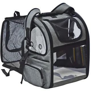 fudajo Haustier Rucksack 27x35,5x41,5 cm bis 6kg, Hunderucksack, Katzenrucksack mit Netz und Fenstern, Schwarz und Grau