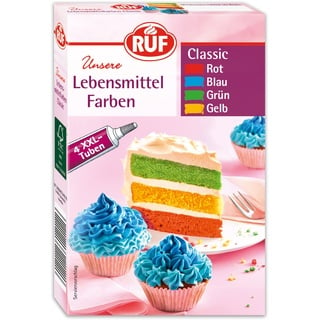 RUF Lebensmittel-Farben Classic, 4 XXL Tuben in Rot, Blau, Grün, Gelb, zum Färben von Teigen, Rainbow Cake, Fondant und Cremes, farbintensiv, 4 x 20g