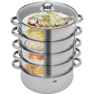 5Lagiger Mantowarka Induktion Dampfgarer Dampfkocher Edelstahl Schongarer Gardampftopf 30/28/26Cm Steam Cooker Food Cooking Hot Vegetable Induction Hob With Glass Lid (Silber, 28CM)