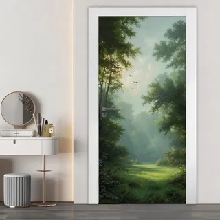 Türaufkleber Wald Landschaft für Innentüren, Bäume Wiese Türtapete Tapete Selbstklebende Poster Wasserdicht Abnehmbare Türfolie Tür Schlafzimmer Dekoration (77x200 cm)
