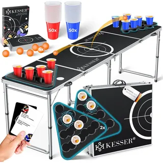 Kesser KESSER® Bier Pong Tisch Set mit Kartenspiel Trinkspiel inkl. 100 Becher (50 Rot & 50 Blau), 6 Bälle + Regelwerk Partyspiele Table Höhenverstellbar Klappbarer ohne oder mit LED