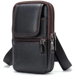 Herren Handy Umhängetasche Leder Schwarz, Handy Gürteltasche Leder Klein, Handytasche zum Umhängen Wasserdichte Reißverschluss Herrentasche Leder Hüfttasche Schultertasche mit Gürtelschlaufe Karabiner