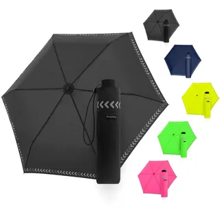 Doppler Regenschirm Safety Reflect in neon black I Regenschirm mit reflektierendem Rand & Handöffner I Mini Schirm mit passender Schirmtasche I Kinderschirm reflektierend - Arrow