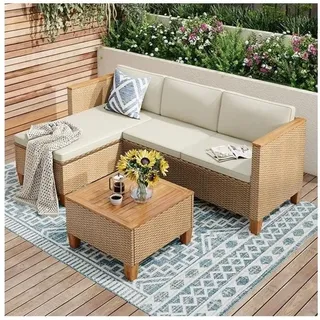 Phi Villa 3 Teilig Gartenmöbel Set Balkonmöbel, Rattan Lounge Möbel Outdoor Mit 1 Chaiselongue, 1 Zweisitzer-sofa Und 1 Kleiner Couchtisch, 4 Personen Terassenmöbel Außen Gartensofa
