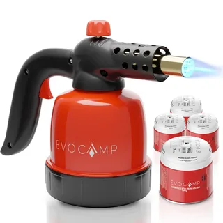 evocamp Gasbrenner 1,3 kW, Küchenbrenner, Lötlampe mit Piezozündung, + 4 Gaskartuschen 190g
