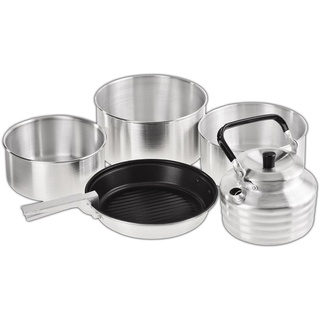 BLACK CREVICE Camping-Kochset I Camping-Kochgeschirr aus Aluminium I Outdoor-Kochgeschirr-Set I 3 Camping-Töpfe & 1 beschichtete Bratpfanne I Camping-Koch-Set inkl. Wasserkessel & Griff