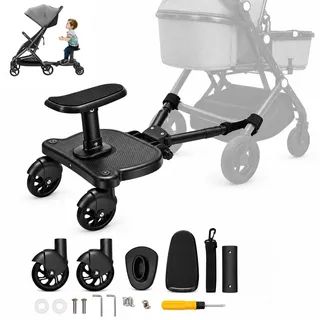 LENJKYYO Buggy Board, Buggyboard mit Sitz, Universal Trittbrett für Kinderwagen, Max. 30KG, 2-in-1 Mitfahrbrett für Geschwister, Schwarzes Kinderwagen Zubehör für Kinder 2-6 Jahre