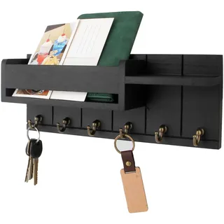 TPTGIAR Schlüsselbrett mit Ablage, Schlüsselbrett Holz mit Regal Enthält Briefhalter und 6 Haken, Dekoratives Schlüsselboard für Wohnzimmer Küche Büro Flur Schlafzimmer (Schwarz)