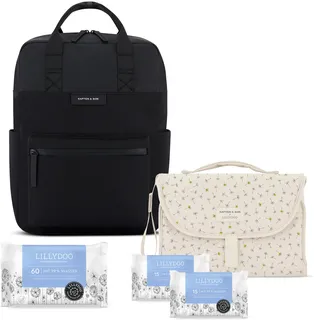 LILLYDOO x Kapten & Son Set - Rucksack Bergen Pro + Cloud Diaper Inlay, 15L | Wickelrucksack & faltbare Wickelunterlage für unterwegs, wasserabweisend, inklusive 4 x LILLYDOO Feuchttücher mit 99 % Wasser