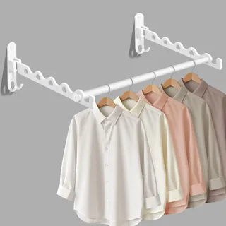 MEIJO Kleiderhaken Klappbar, Wand Kleiderständer Klapphaken Wandhaken Balkon Kleiderhaken für Waschküche Schlafzimmer Badezimmer (2 Stück + Stange)