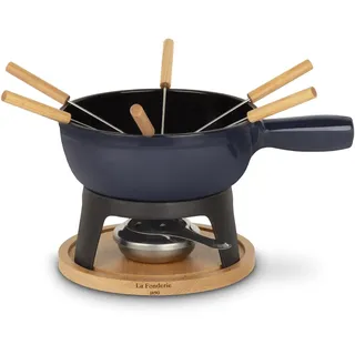 h.koenig La Fonderie 1890, Fondue-Set aus Gusseisen für 6 Personen MONT JOUX, Käse- und Schokoladenfondues, 6 Gabeln mit Buchenholzgriffen, Sockel aus Naturholz, Kapazität 1,8L