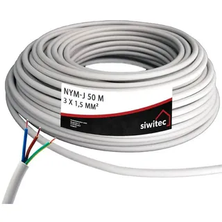 siwitec NYM-Kabel, NYM-J 3x1,5 mm2, 50 m, Stromkabel, Mantelleitung, Installationskabel, Kabelring