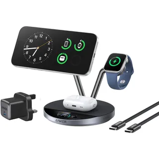 Anker Prime MagSafe Ladegerät kompatibel, 3-in-1 Ladestation, Qi2 25W zertifiziertes kabelloses Ladegerät Dock Ständer, Smart Display mit TEC Active Cooling, für iPhone 17, Apple Watch, AirPods und