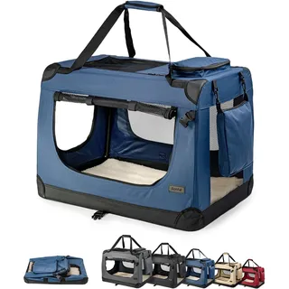 LIONTO Hundetransportbox faltbar stabile Stoffbox mit Mesh-einsätzen, ideal für Auto, Reise & Tierarzt, 60x42x44 cm, dunkelblau