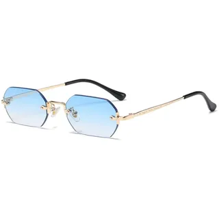 JIAXINGHAN Randlose rechteckige Sonnenbrille, kleine Herrenbrille, Damen, Metall, Gold, Polygon, Blautöne, 2023, UV400, rahmenlos, C9, BH10249 - BH10249