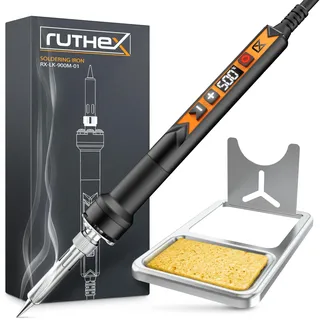 ruthex 900M Lötkolben mit LED-Display - 90W - Temperatur Einstellbar 150~500 °C - Abkühlphase mit LED Temperaturanzeige - Lötpistole mit 900M Lötspitze inklusive Ablageständer